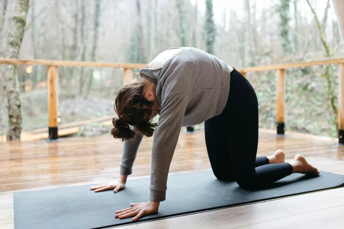 Como fazer yoga para iniciantes na pose do gato, com uma mulher de roupas pretas em um estúdio com as costas arqueadas.