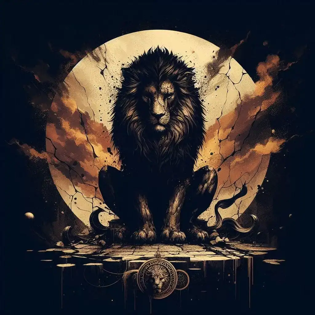 Ilustração sombria do lado sombra do arquétipo do leão, simbolizando arrogância, autoritarismo, teimosia e isolamento emocional.