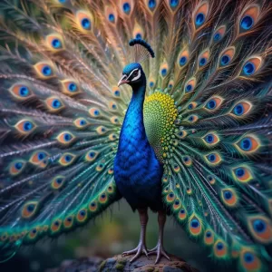 Pavão com a cauda aberta em exibição, refletindo o arquétipo do pavão, símbolo de beleza, autoconfiança e renovação espiritual.