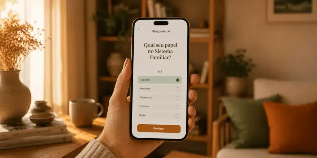 Mão segura smartphone exibindo a tela inicial de um teste diagnóstico com a pergunta "Qual seu papel no Sistema Familiar?" em uma sala acolhedora.