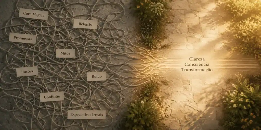 Diagrama conceitual mostrando um emaranhado de cordas com rótulos de mitos e confusão do lado esquerdo, que se transformam em linhas retas sob luz solar clara com as palavras clareza, consciência e transformação à direita.