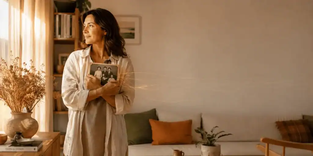 Mulher sorri segurando foto antiga de família na sala, ilustrando o conceito de constelação familiar.