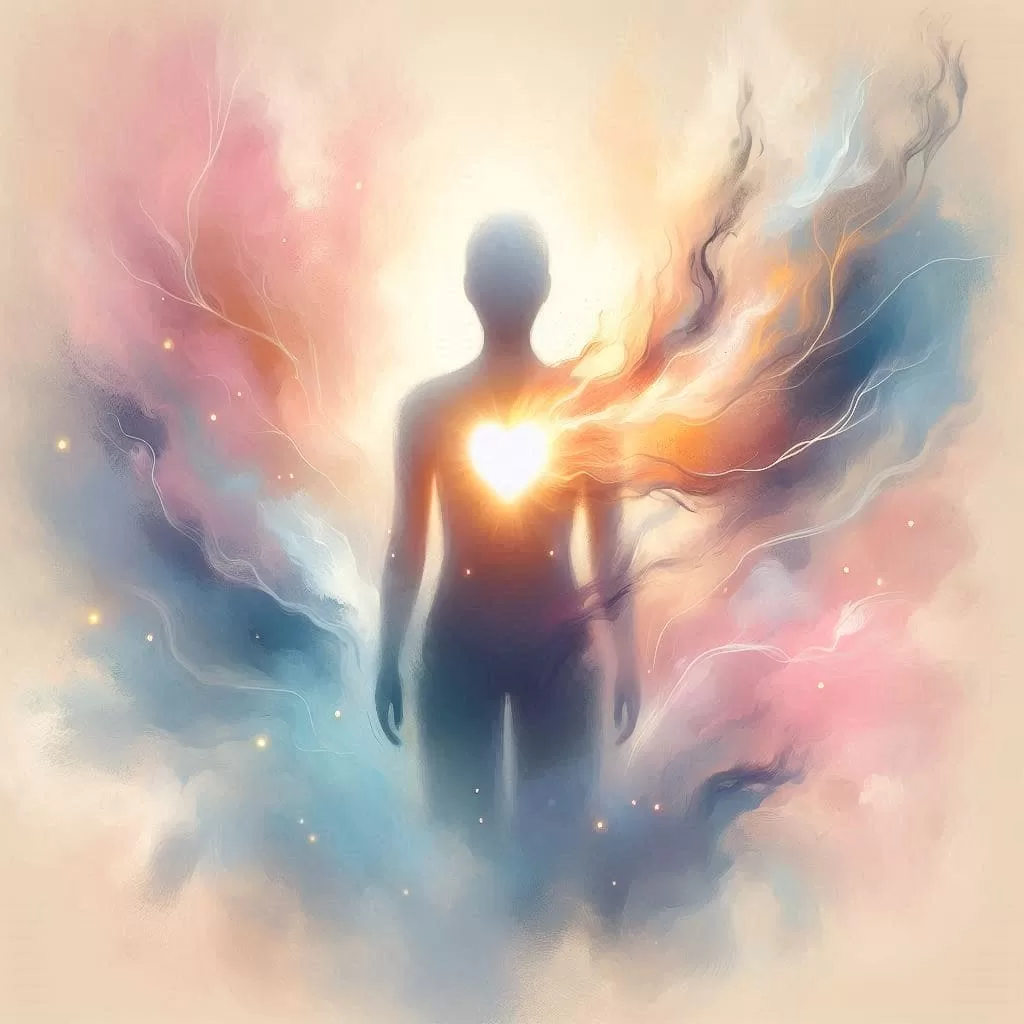 Ilustração representando os benefícios emocionais da constelação familiar, com uma pessoa com o símbolo do coração em dourado no peito.