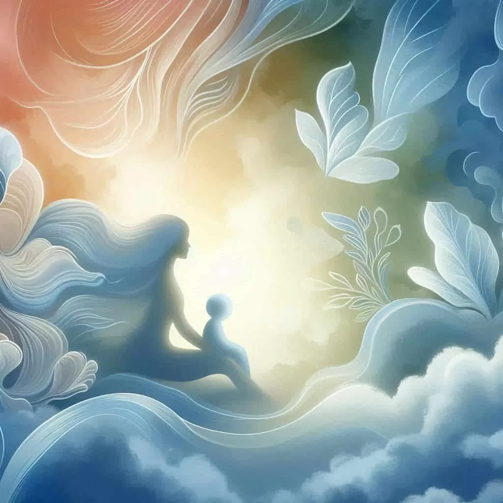 Ilustração suave que representa os benefícios da constelação familiar no equilíbrio emocional, coma silhueta de uma mulher e uma criança de perfil.