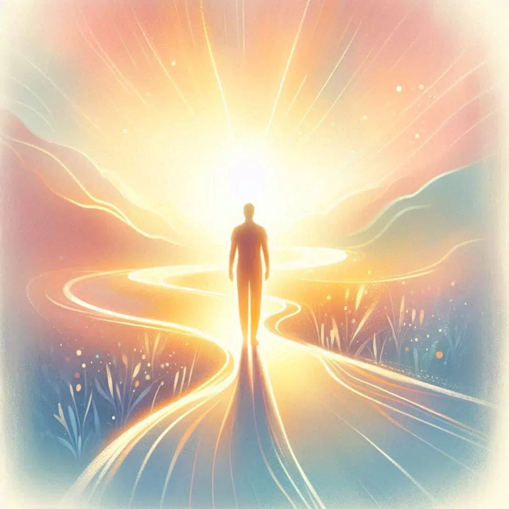 Ilustração de uma pessoa indo em direção a uma estrada iluminada.