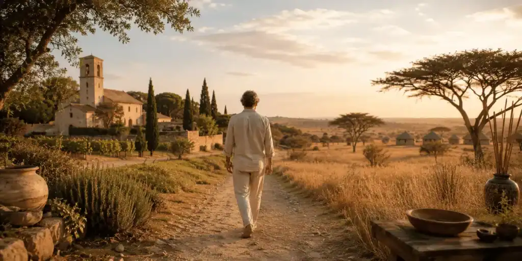 Homem representando Bert Hellinger de costas caminhando por estrada de terra entre cenários históricos.