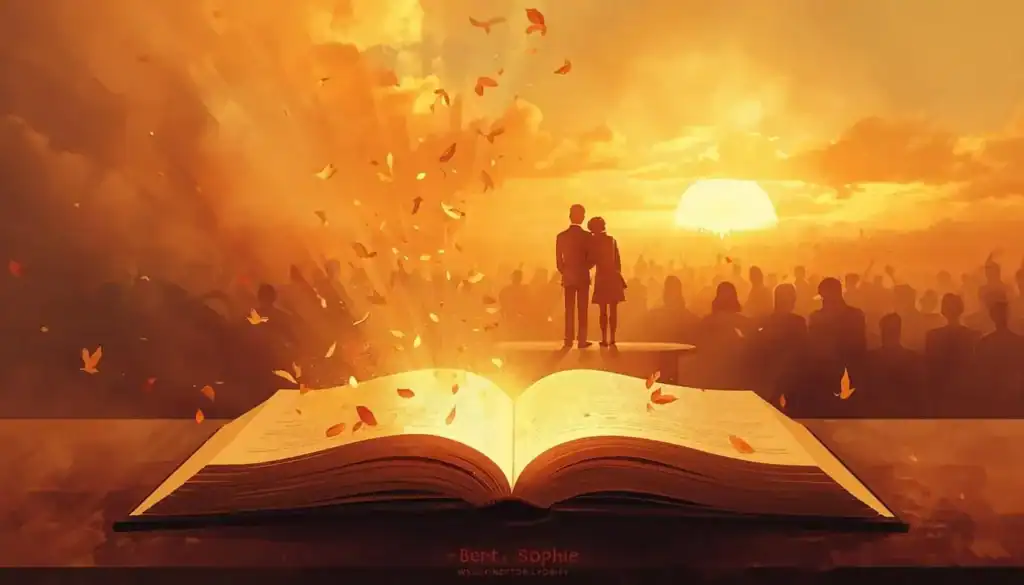 lustração de um grande livro aberto em primeiro plano com folhas voando em direção a um casal de costas e uma multidão sob a luz do pôr do sol.