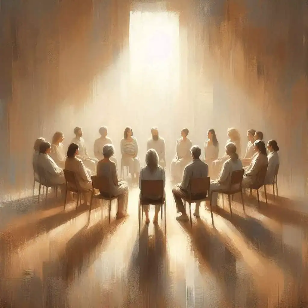 Ilustração de um grupo de pessoas sentadas em círculo durante uma sessão presencial de constelação familiar, com clima de respeito e acolhimento.