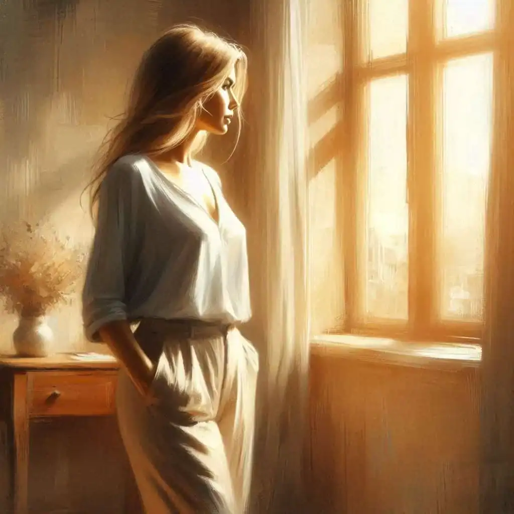 Ilustração de uma mulher próxima a uma janela, com expressão de clareza e decisão, simbolizando o primeiro passo para iniciar uma constelação familiar.