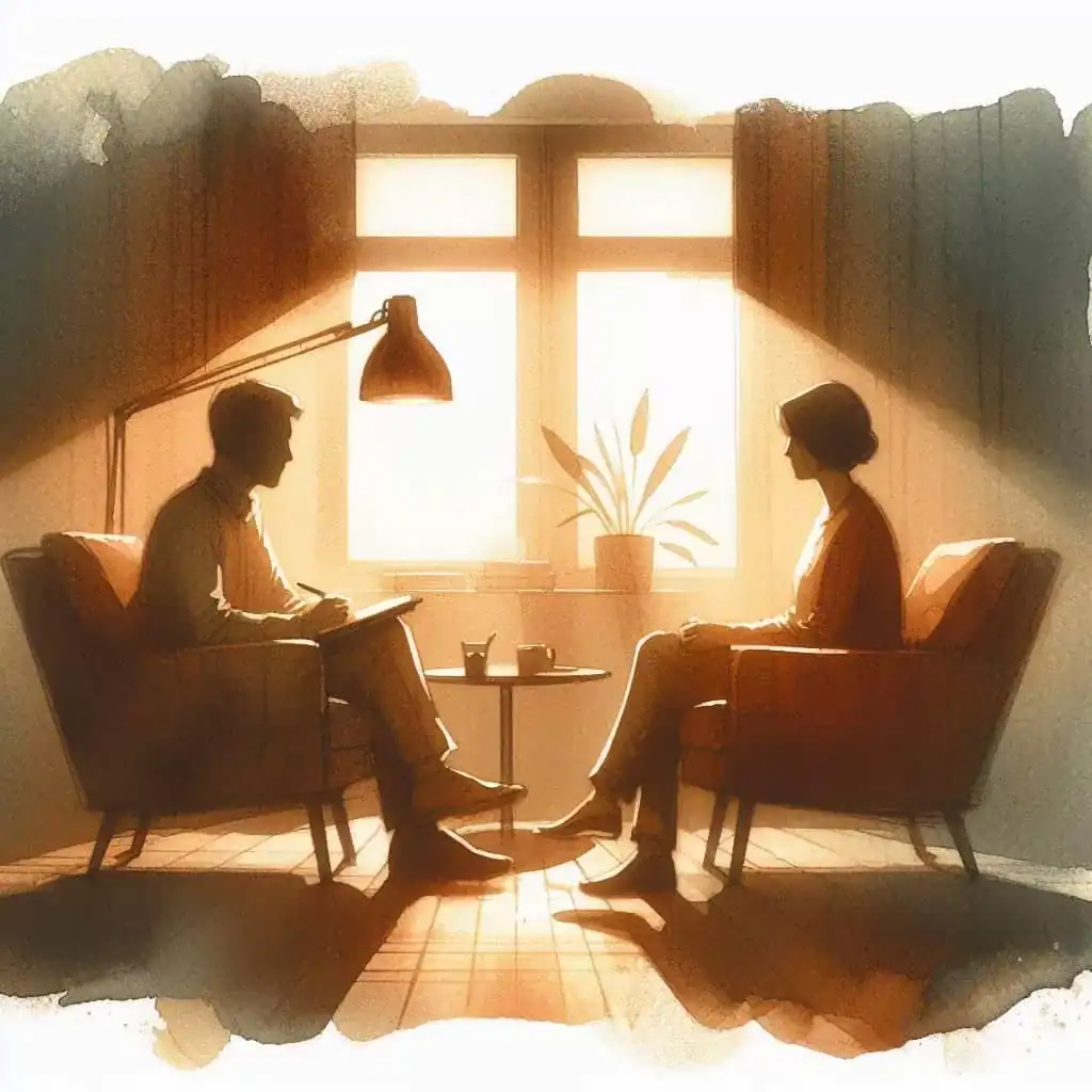 Ilustração de uma sessão individual de constelação familiar, mostrando um ambiente seguro e reservado para o processo terapêutico.