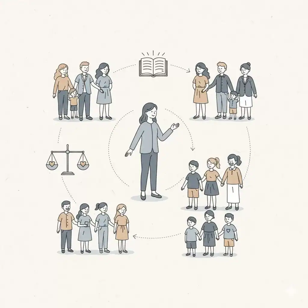 Ilustração sobre a constelação familiar na área educacional, destacando relações entre escola, professores, alunos e famílias.