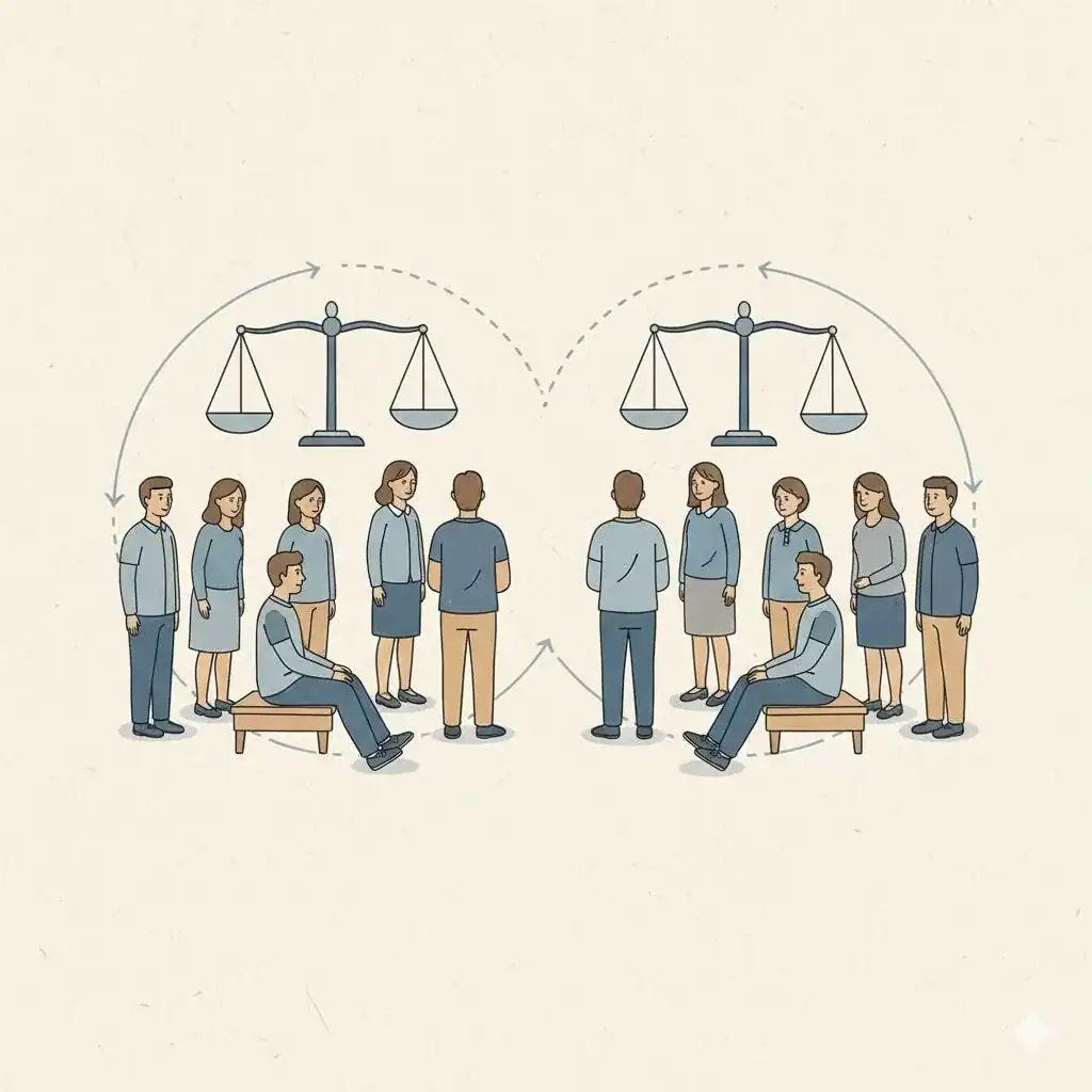 Ilustração representando o direito sistêmico, com foco em mediação de conflitos e soluções humanizadas.