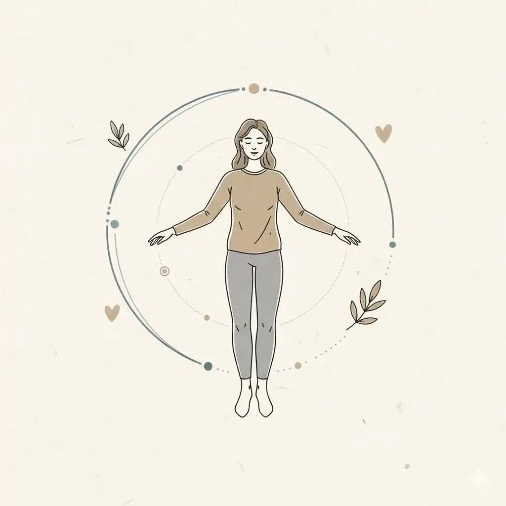 Ilustração simbólica de uma mulher de braços abertos representando saúde e bem estar.