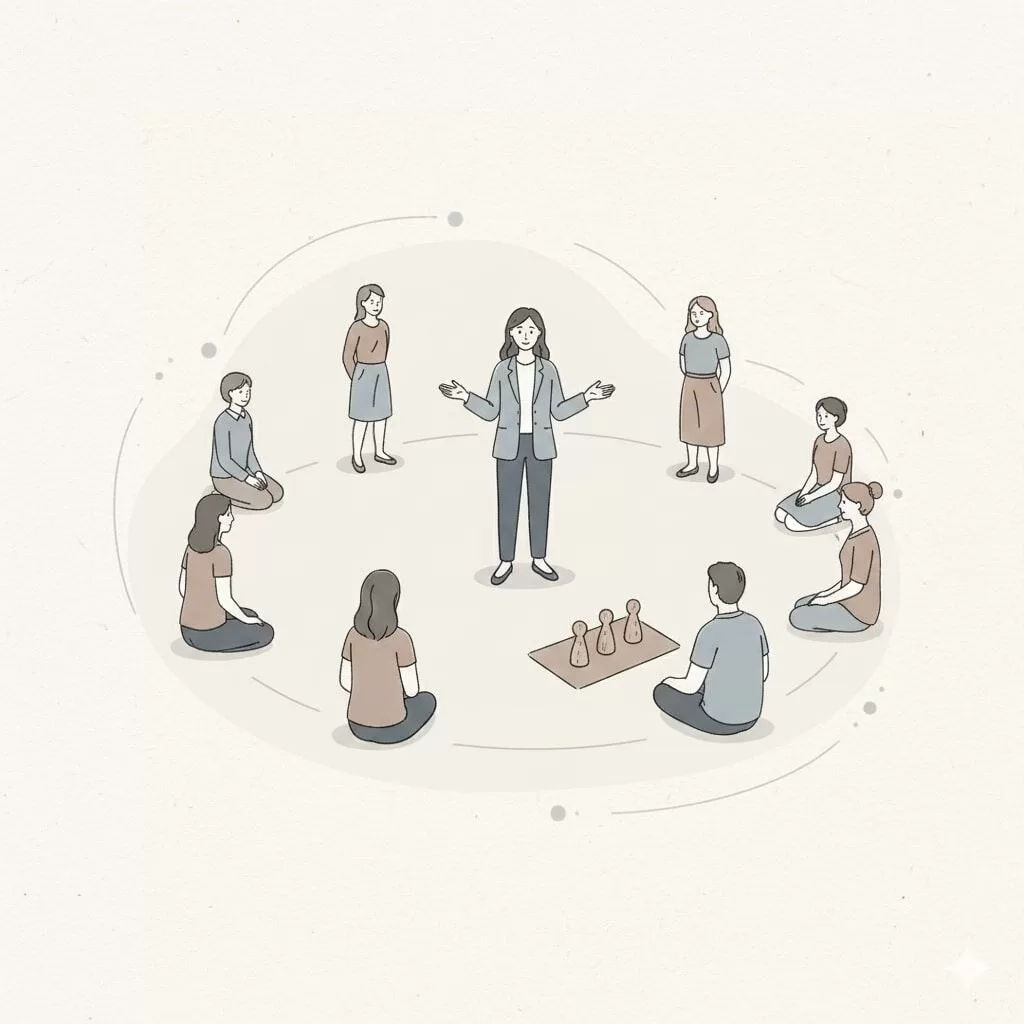 Ilustração representando a constelação familiar, com sessões individuais e em grupo em um ambiente terapêutico estruturado.