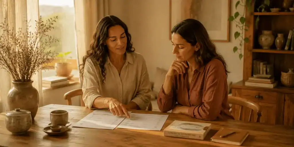  Duas mulheres sentadas à mesa de madeira analisam documentos sobre psicologia e constelação sistêmica.