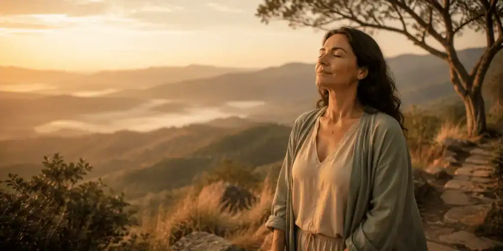 Mulher de olhos fechados respira aliviada em montanha simbolizando cura espiritual e reconciliação familiar.