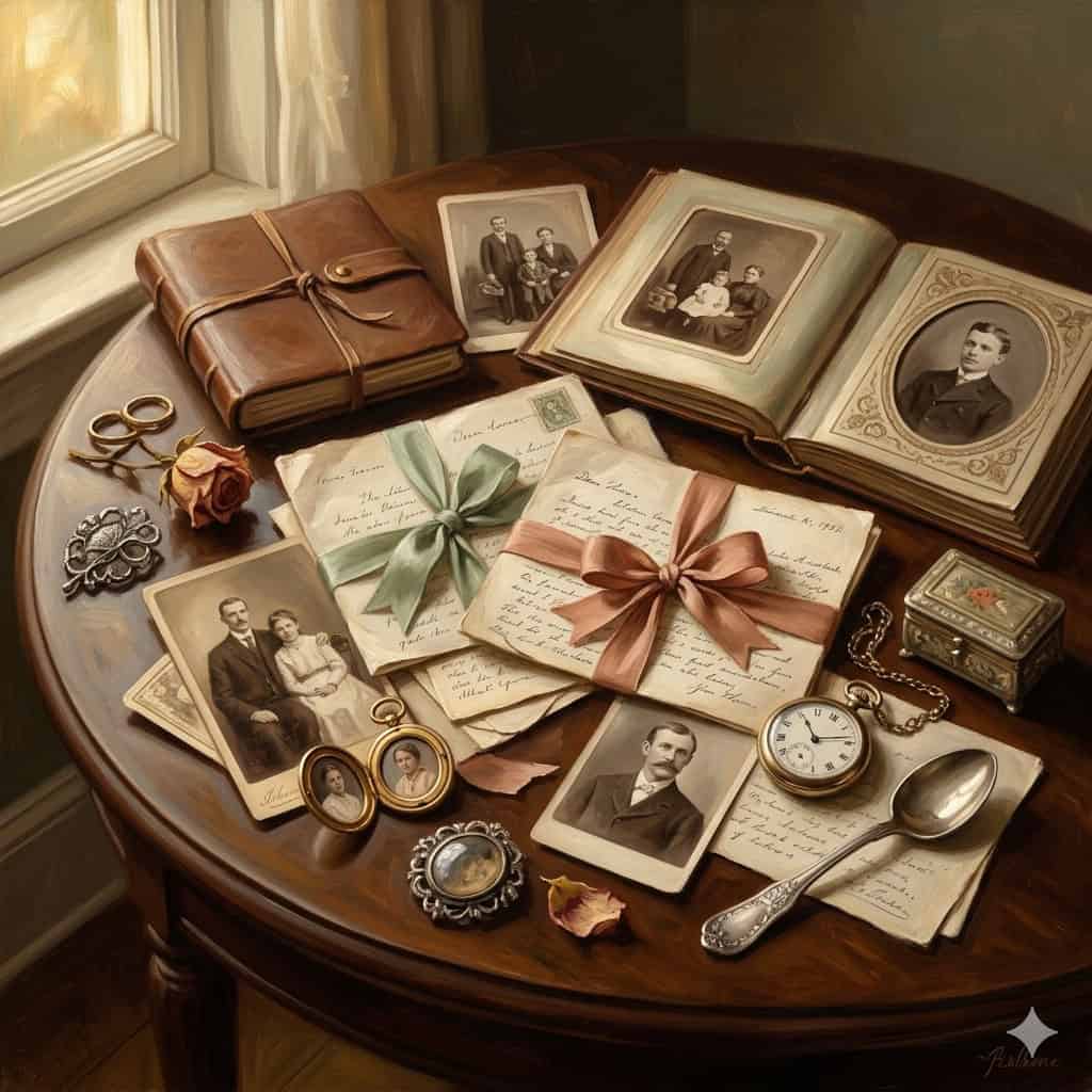 Uma coleção de recordações e retratos antigos sobre uma mesa, representando a ancestralidade e o trabalho de cura.