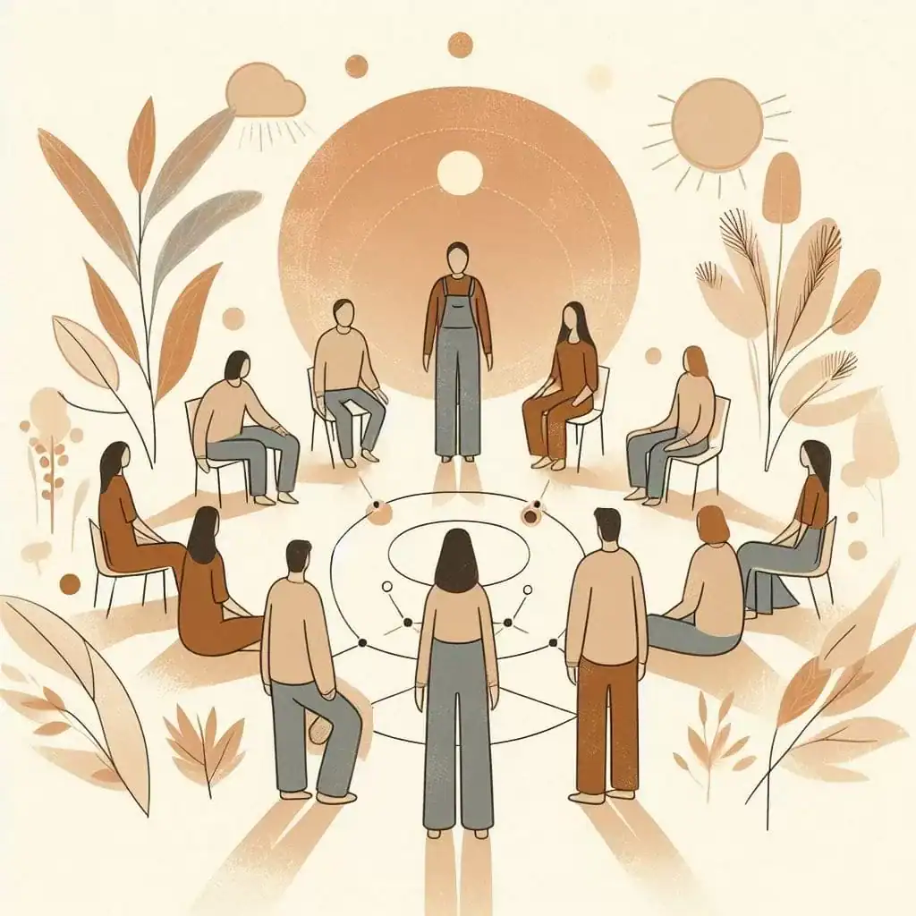 Ilustração simbólica mostrando como funciona a Constelação Familiar, com pessoas representando relações familiares em um ambiente terapêutico acolhedor.