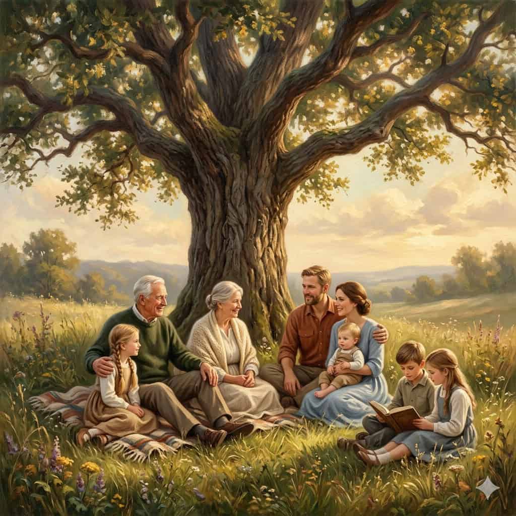 Família reunida sob uma grande árvore representando os vínculos entre gerações e a visão sistêmica da Constelação Familiar.