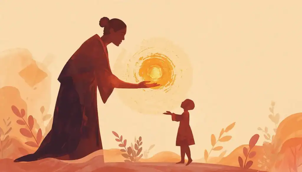 Silhueta de mulher entregando uma esfera de luz dourada para uma criança com as mãos estendidas em fundo aquarela.