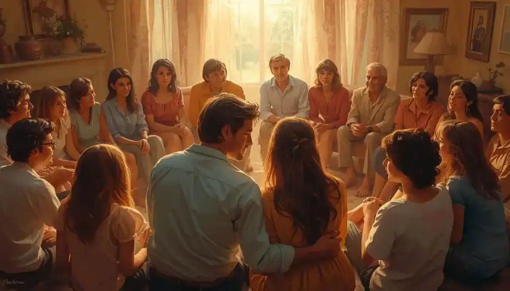 Grupo de pessoas sentadas em círculo em uma sala de estar participando de uma dinâmica de grupo terapêutica.