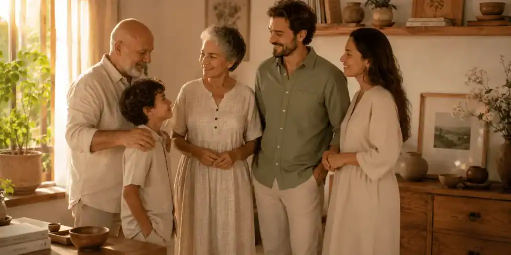 Três gerações de uma família unidas em sala acolhedora ilustrando laços sistêmicos e ancestralidade.