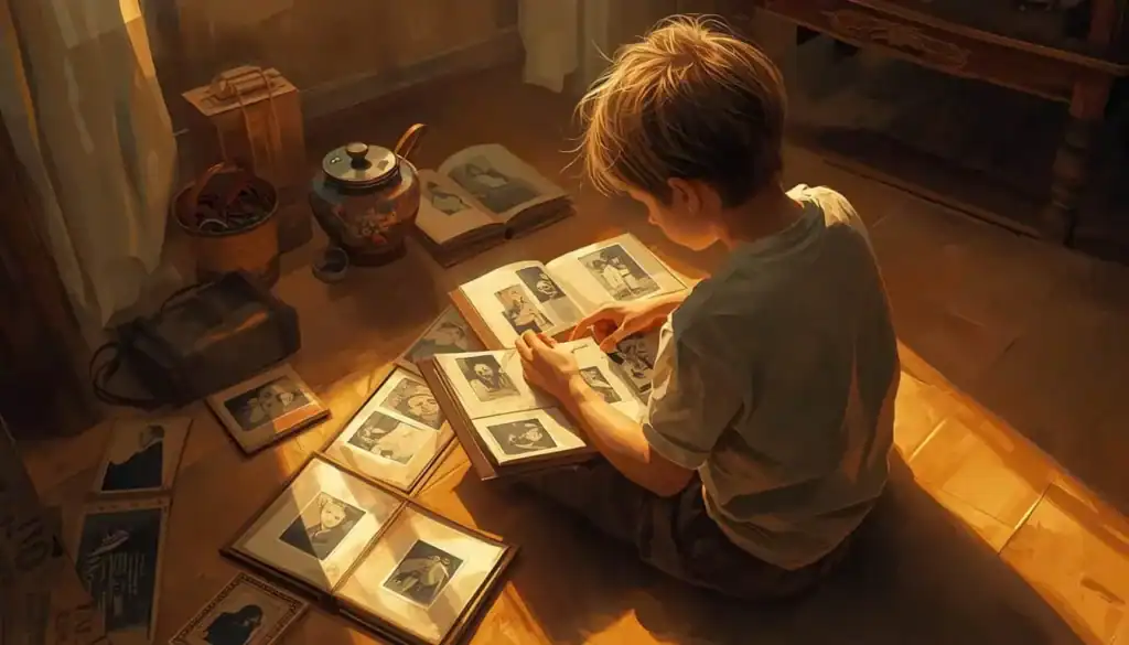 Ilustração de um menino sentado no chão olhando fotos antigas de família, representando a infância e história de Bert Hellinger.