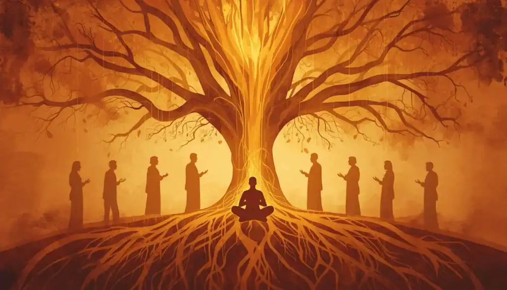 Ilustração silhuetada de uma pessoa meditando sob uma grande árvore com raízes profundas e figuras humanas ao redor, representando as influências na criação da constelação familiar.