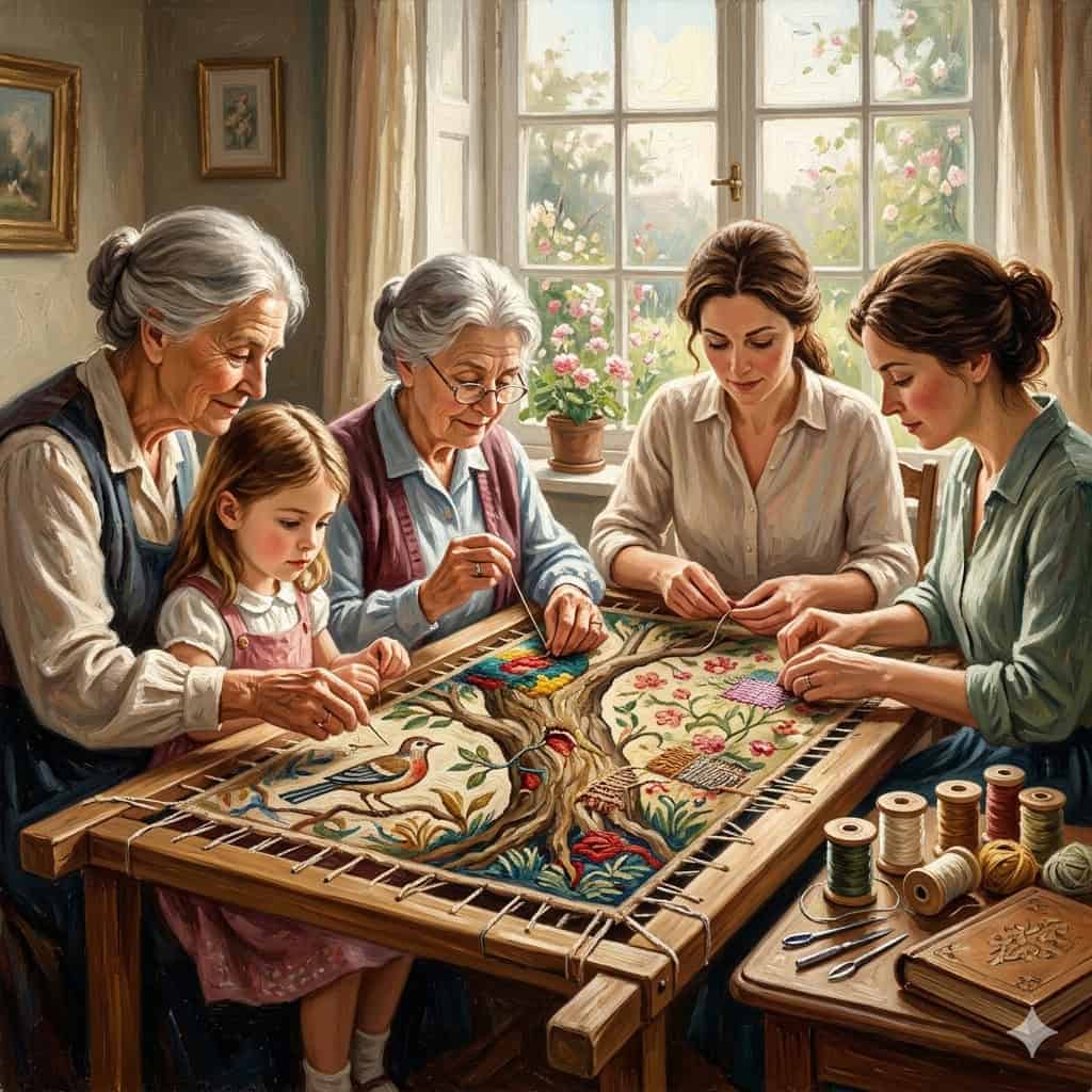Mulheres de diferentes gerações tecendo juntas, uma metáfora visual para o que é constelação familiar e a herança das histórias ancestrais.