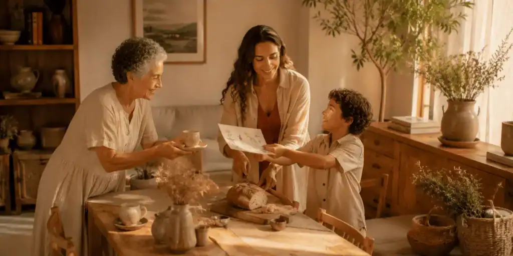 Avó, mãe e filho compartilham alimento em dinâmica que exemplifica as ordens do amor e equilíbrio sistêmico.
