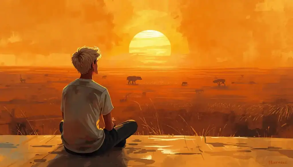  Ilustração de um jovem de costas sentado meditando diante de um pôr do sol na savana africana, representando a vida de Bert Hellinger como missionário na África do Sul.