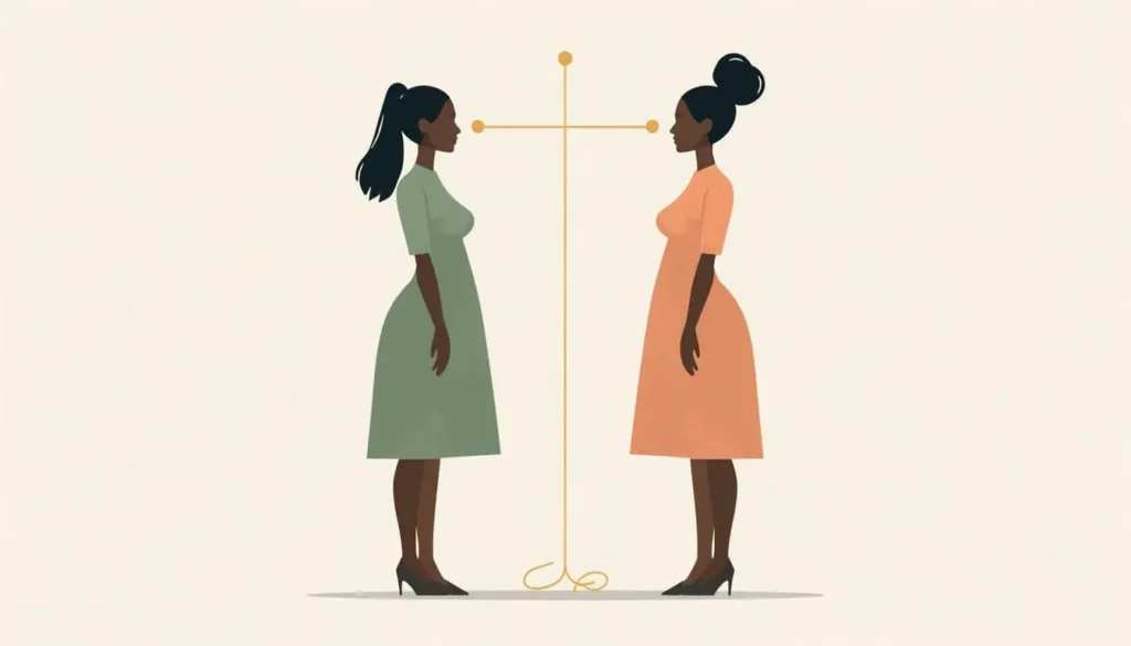 Duas mulheres adultas de perfil, uma com vestido verde e outra rosa, encarando-se de igual para igual diante de uma balança de ouro.