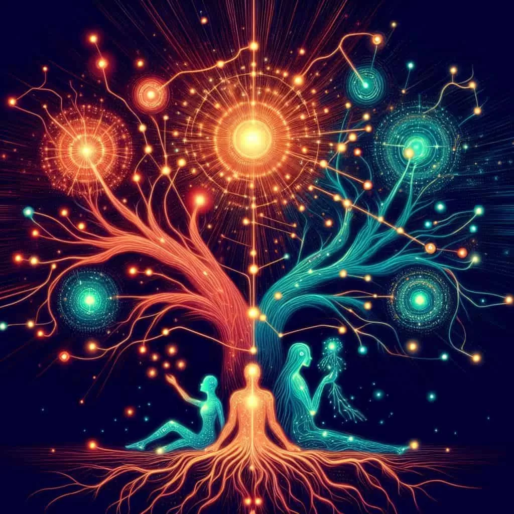 ilustração de pessoas sentadas embaixo de uma árvore com símbolos de psicologia e constelação familiar, comparando as diferenças.