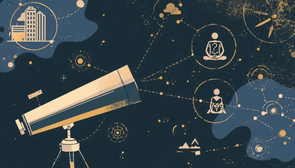 Telescópio direcionado para esferas que contêm ícones de edifícios corporativos e figuras humanas, simbolizando a visão sistêmica.