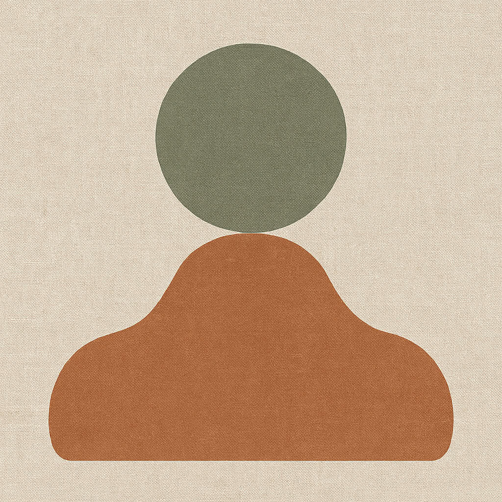 Ilustração de design escandinavo mostrando um círculo perfeito na cor verde-sálvia equilibrado sobre uma base orgânica abstrata em tom terracota. Representa o equilíbrio e a ciência por trás de como funciona uma sessão de constelação.
