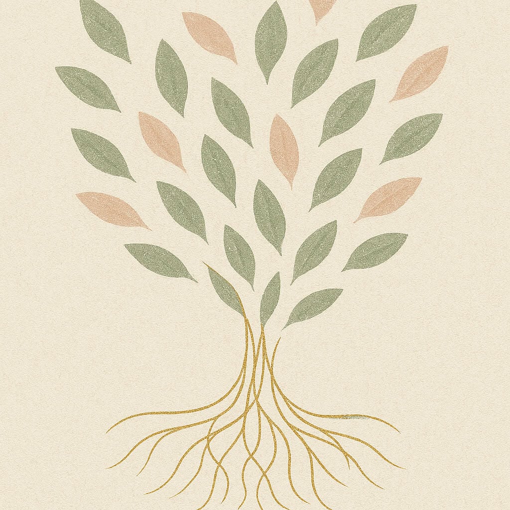 Desenho abstrato de uma árvore estilizada com raízes douradas e finas que se transformam em folhas flutuantes nos tons verde e rosa claro sobre fundo bege texturizado.