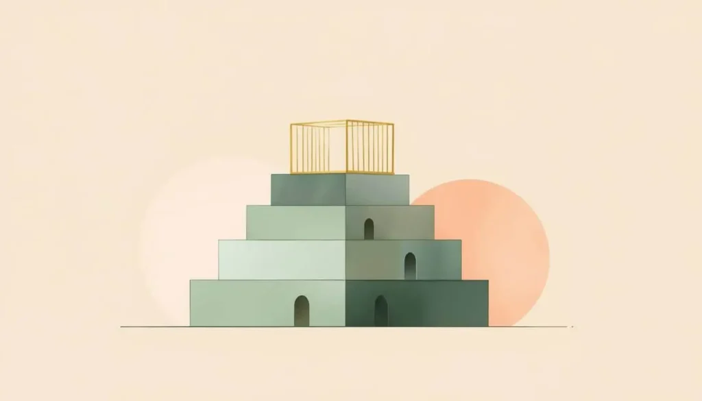 Pirâmide em degraus verdes com um cubo dourado no topo sob um fundo minimalista bege.