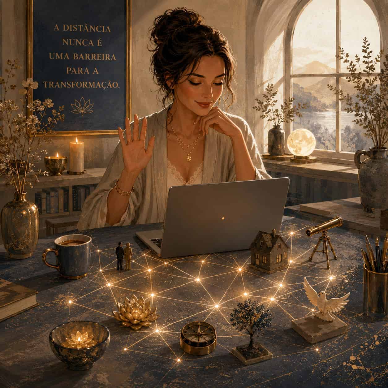 Mulher participando de uma constelação familiar online em casa, com símbolos conectados por linhas luminosas que representam clareza emocional e transformação.