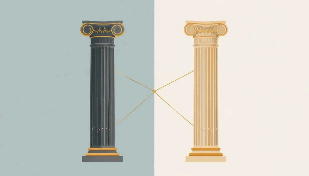Duas colunas clássicas unidas por linhas finas de luz, simbolizando a união e o suporte mútuo entre diferentes terapias.