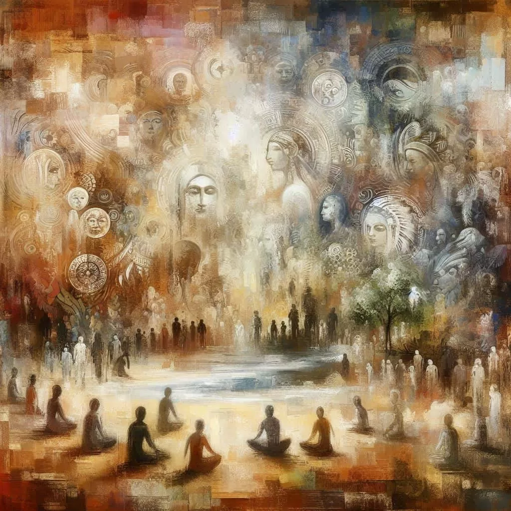 Pintura a óleo representando a constelação familiar, integradas a diferentes sabedorias ancestrais e tradições humanas.