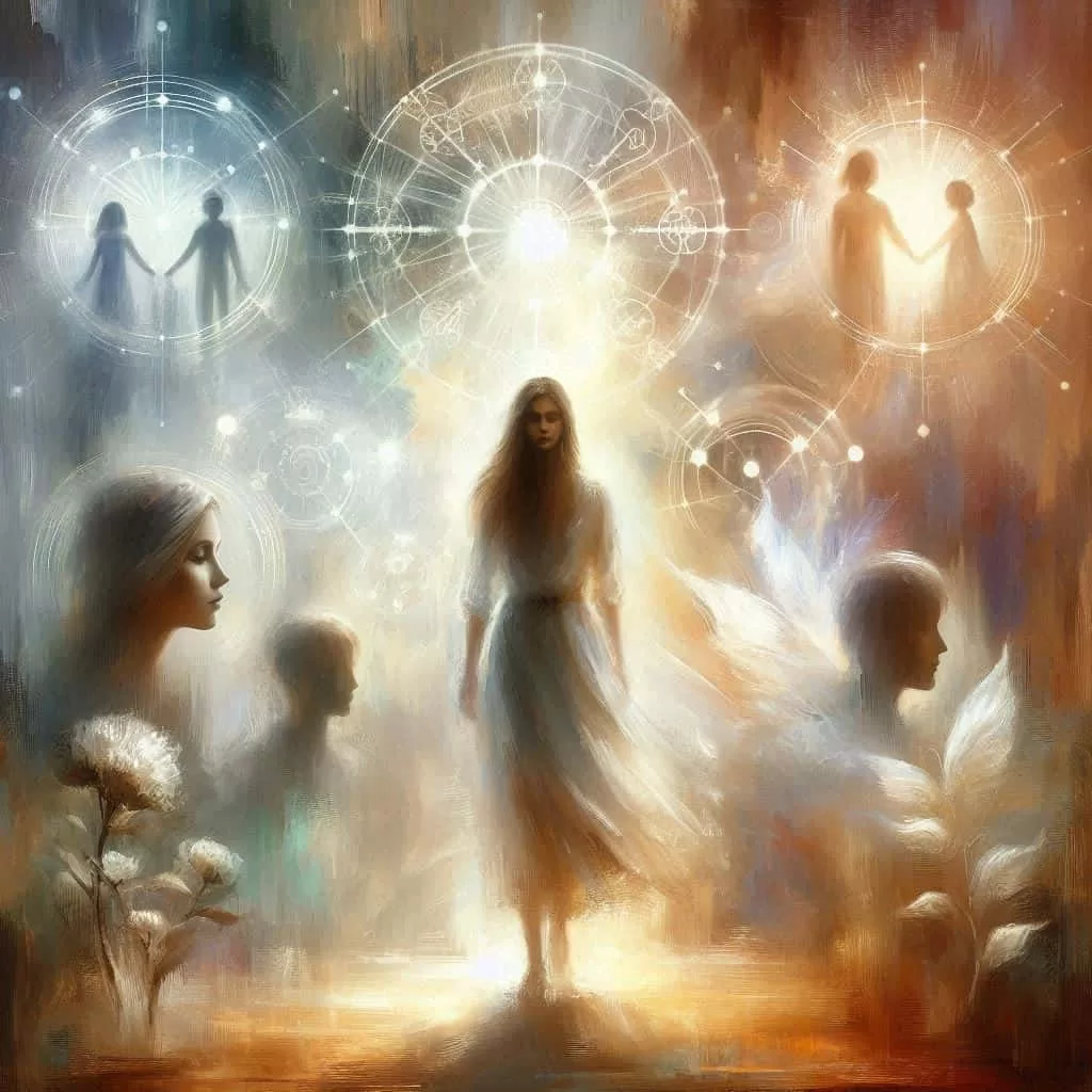 Ilustração em pintura a óleo que simboliza as conexões da alma, como um campo energético que conecta todos os membros da família.