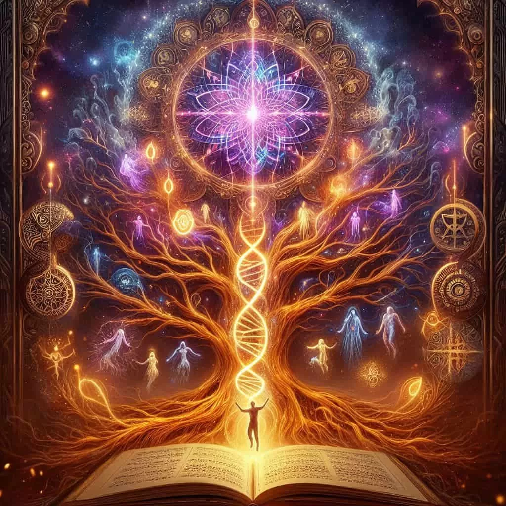 Uma árvore simbolizando a constelação familiar e espiritualidade, com um DNA e um livro aberto bem no centro.