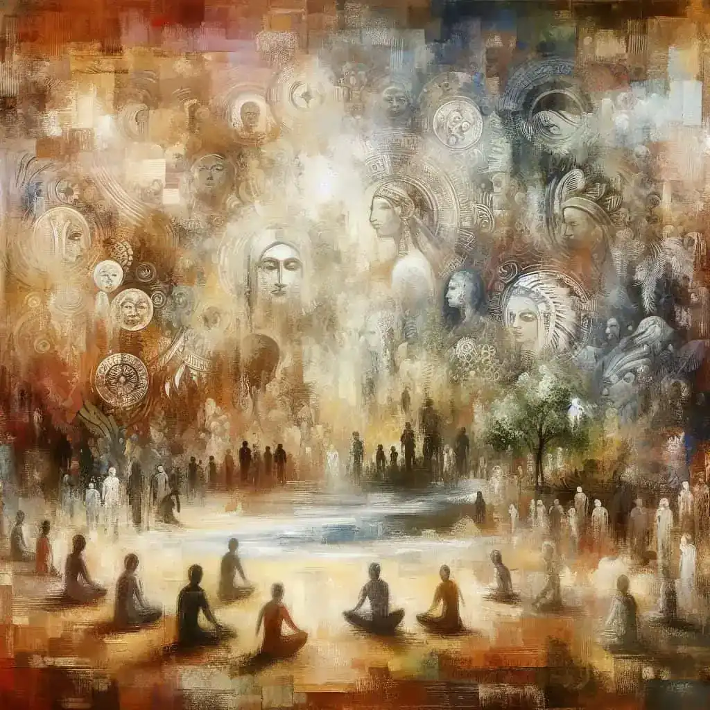 Pintura a óleo representando a constelação familiar, integradas a diferentes sabedorias ancestrais