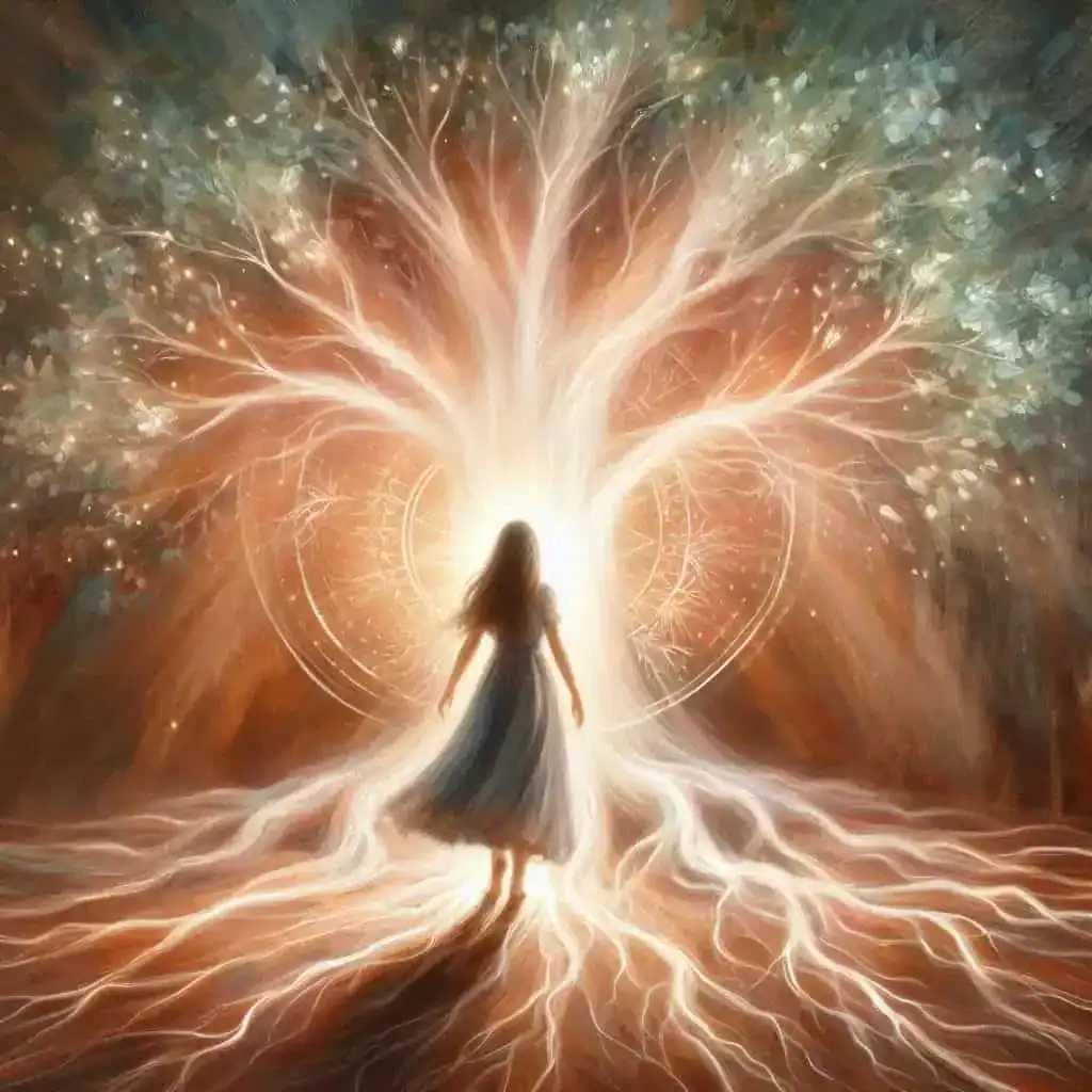  Árvore da vida brilhante com raízes profundas iluminando uma mulher, simbolizando conceitos de epigenética comportamental.