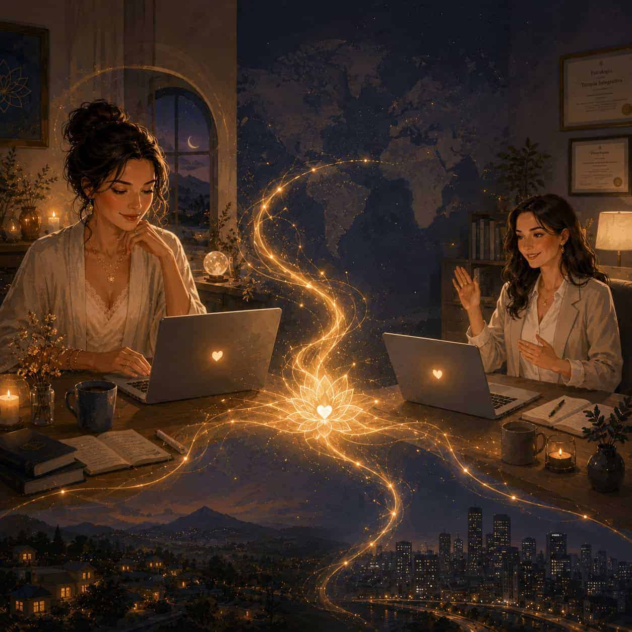 Duas mulheres conectadas por uma ponte de luz durante uma sessão de constelação familiar, simbolizando conexão emocional profunda mesmo à distância.