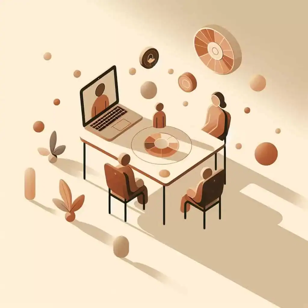 Ilustração do campo sistêmico em uma constelação familiar online, com objetos simbólicos representando membros da família.