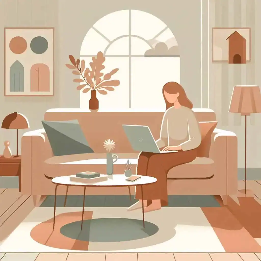 Ilustração de uma mulher participando de uma sessão de constelação familiar online em casa, em um ambiente acolhedor.