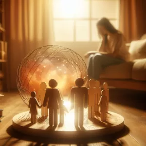 Mulher sentada em um sofá em uma sala com símbolos de constelação familiar no chão, representando fazer a terapia de modo online.