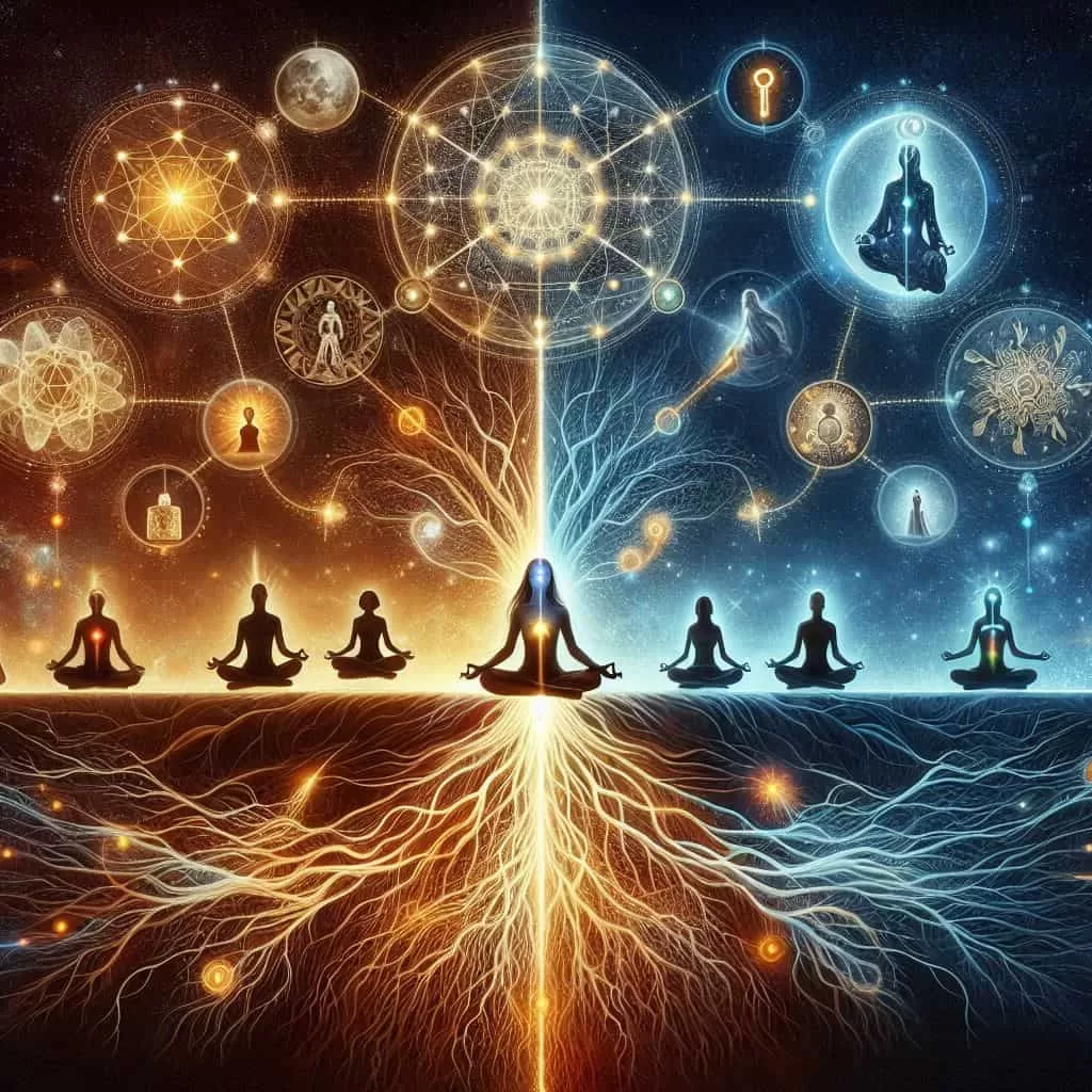 várias pessoas em posição de meditação em meio a vários símbolos de constelação familiar e ansiedade.