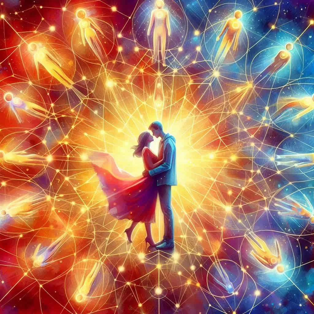 Ilustração de um casal no meio de símbolos brilhantes e bonitos de constelação familiar.